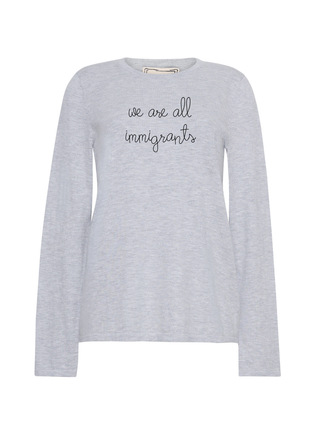 "we are all immigrants" Mara Crewneck Cotton Silk Core LINGUA FRANCA NYC Smoke XS