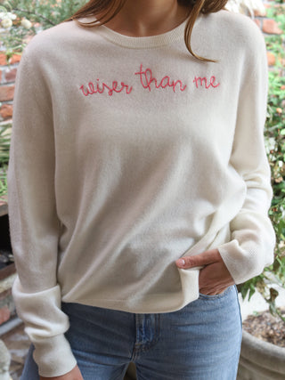 "wiser than me" Crewneck Sweater LINGUA FRANCA NYC Cream XS 