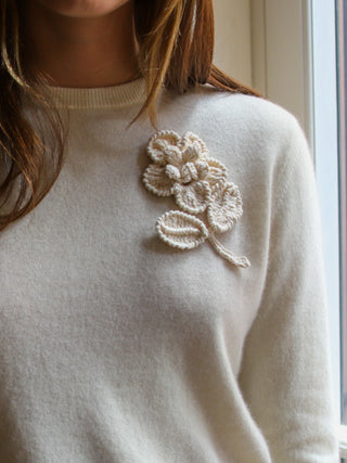 Crochet Flowers Crewneck Sweater Lingua Franca NYC Cream XS 