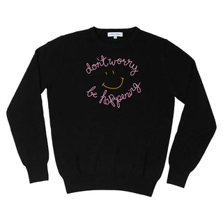 "don't worry be happening" Crewneck Sweater Lingua Franca NYC Black XS 