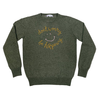 "don't worry be happening" Crewneck Sweater Lingua Franca NYC Moss XS 