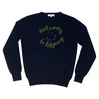 "don't worry be happening" Crewneck Sweater Lingua Franca NYC Navy XS 