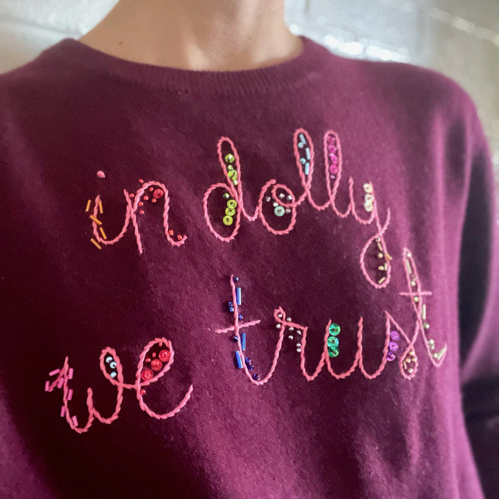 "in dolly we trust" Sweater Lingua Franca NYC Maroon XS 