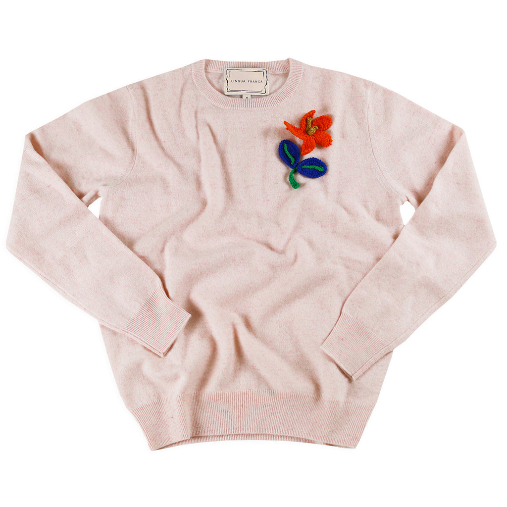 marled peony crewneck with poppy crochet flower patch + cobalt leaves